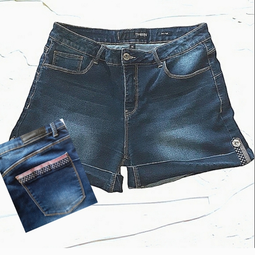 - - THORN STARS AND STRIPES TRIM DENIM SHORTS